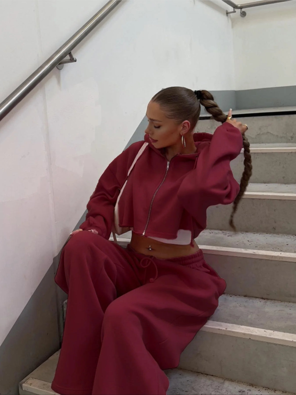 Zip-up Cropped Sweatshirt and Long Pants Casual Hoodies Sweatpants Set