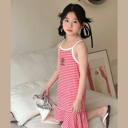 Girls Cotton Flower Dot Plaid Dress