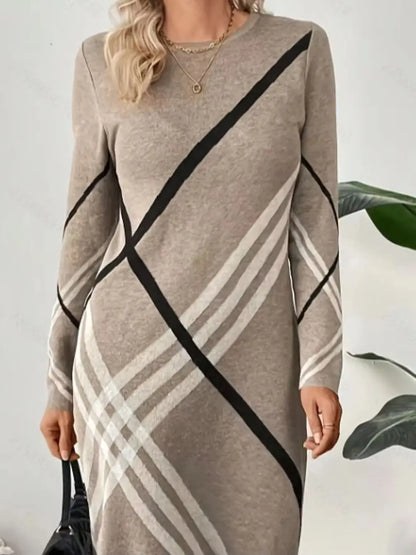 Plus Size Apricot Beige Cross Stripe Sweater Long Sleeve Knitted Midi Shift Dress