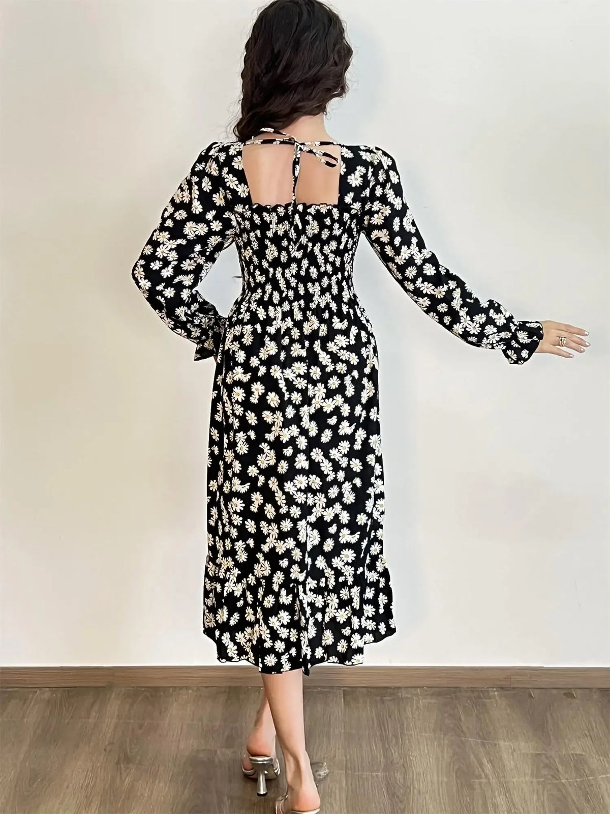 Long Sleeve Casual Chiffon Floral Elastic Chest Lace Up Midi Dress