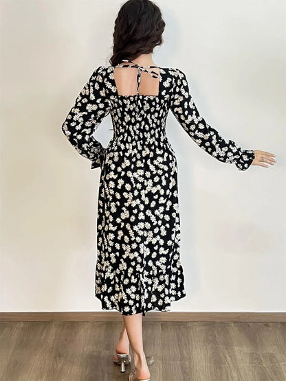 Long Sleeve Casual Chiffon Floral Elastic Chest Lace Up Midi Dress