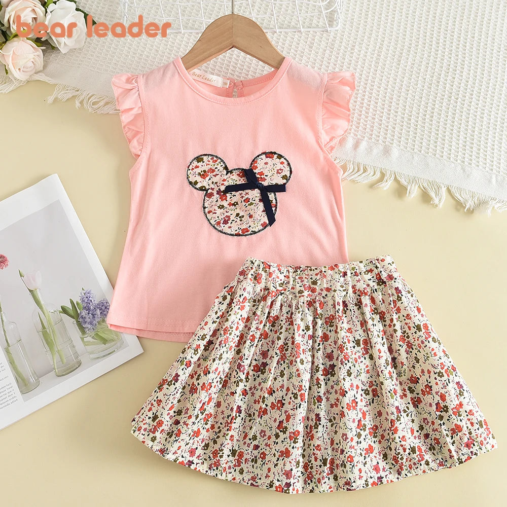 Bear Leader Floral Cartoon Ruffle Sleeve Casual Outfits Set