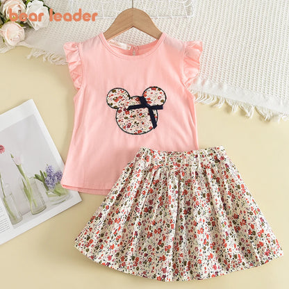 Bear Leader Floral Cartoon Ruffle Sleeve Casual Outfits Set