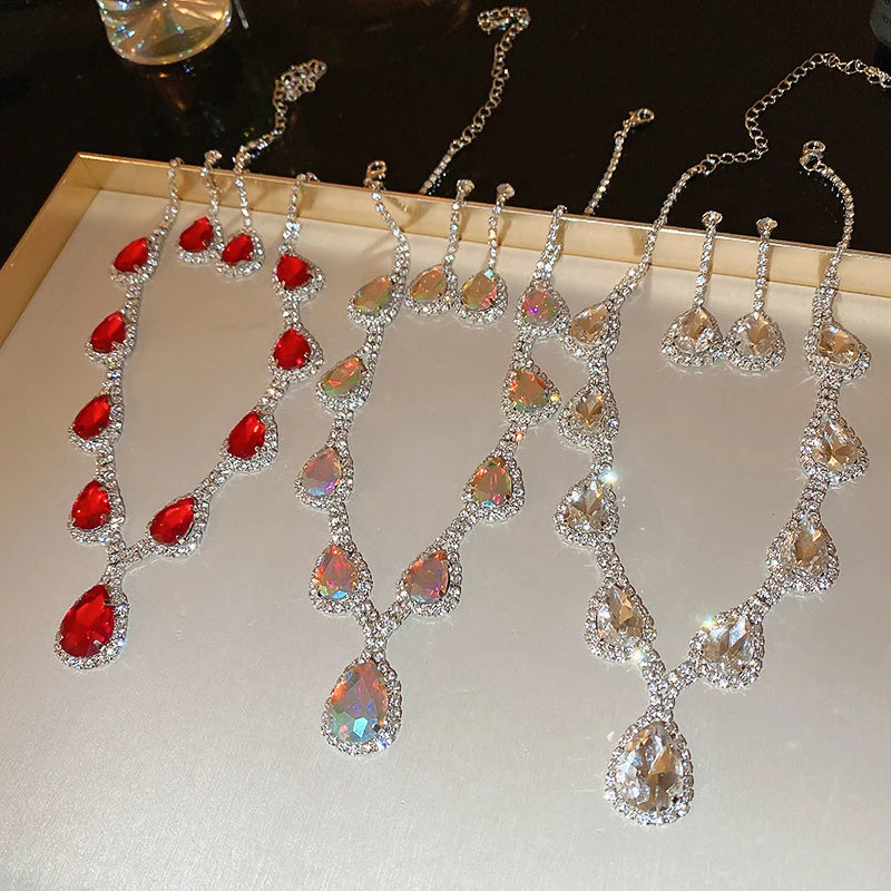 Inlaid Red Rhinestone Necklace Earring Set