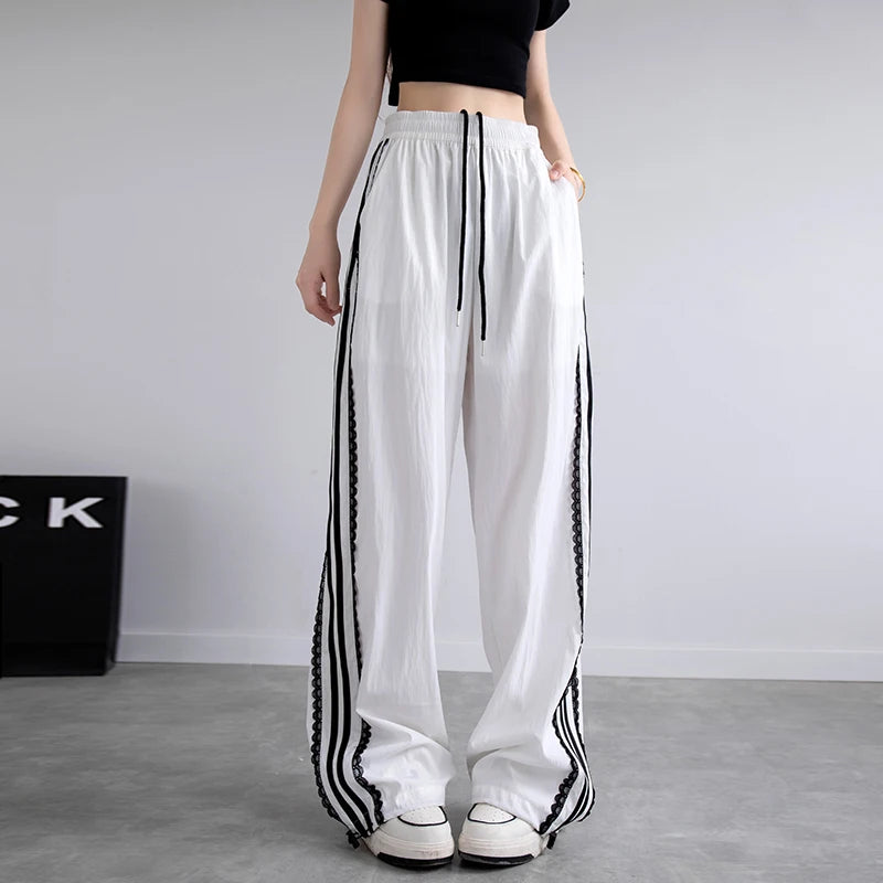 Korean Lace Patchwork Side Stripe Webbing Wide-Leg Pants