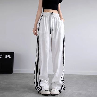 Korean Lace Patchwork Side Stripe Webbing Wide-Leg Pants