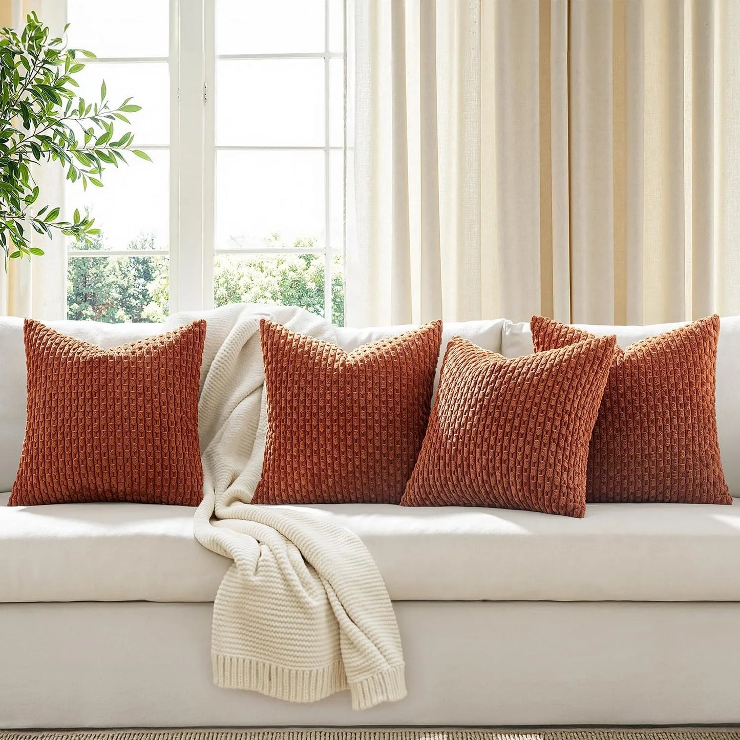 Burnt Orange Striped Cushion Covers Corduroy Pillowcases