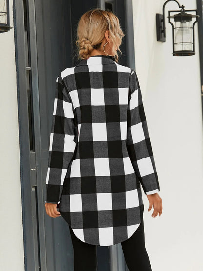 Black White Plaid Long Sleeve Shirt Jacket Blazer Oversized Streetwear Coat