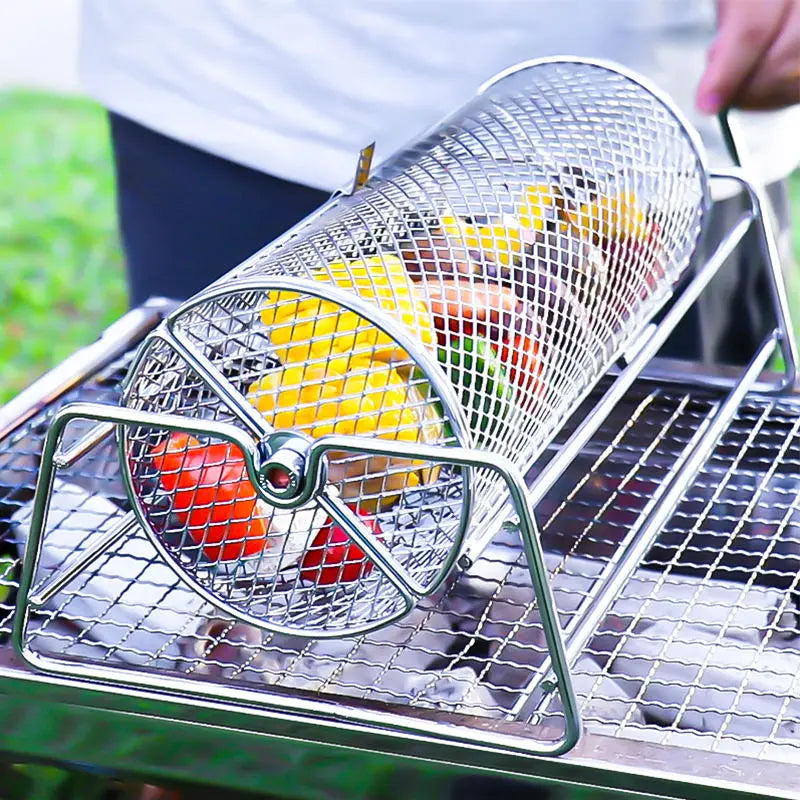 Stainless Steel Rolling BBQ Grill Mesh Basket Grill Rotisserie