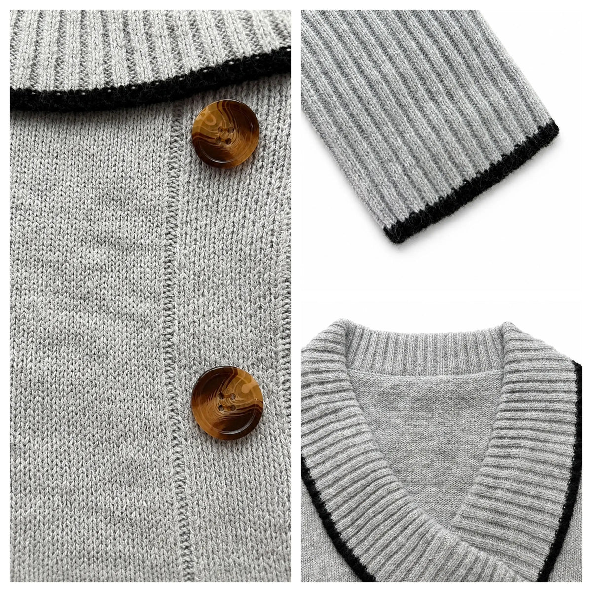 Color Blocking V-Neck Commuter Style Buttoned Long-Sleeved Knit Sweater