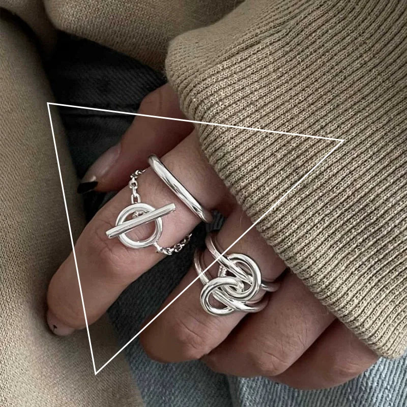 925 Sterling Silver Retro Hollow Wave Punk Hiphop Bohemia Rings