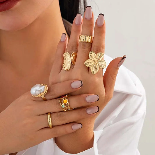 6Pcs/Set Gold Color Imitation Pearl Open Ring