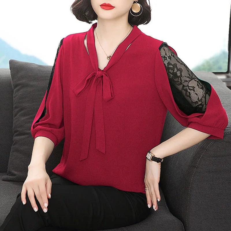 Bow Tie Colloar Half Lace Sleeve Loose Blouses
