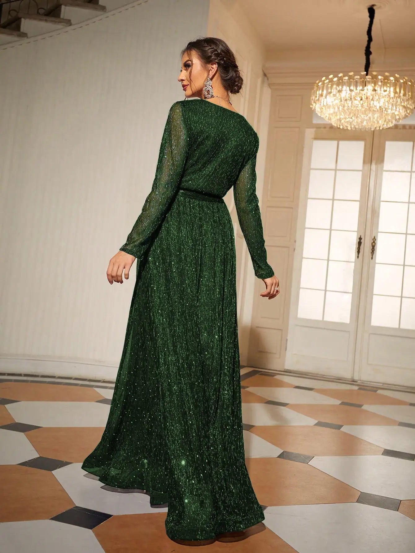Mgiacy Wrap Belted Maxi Glitter Dress