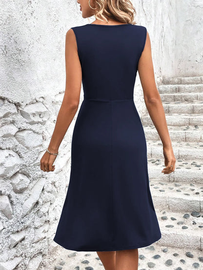 Elegant V Neck Wrap Waist Midi Sleeveless Dress