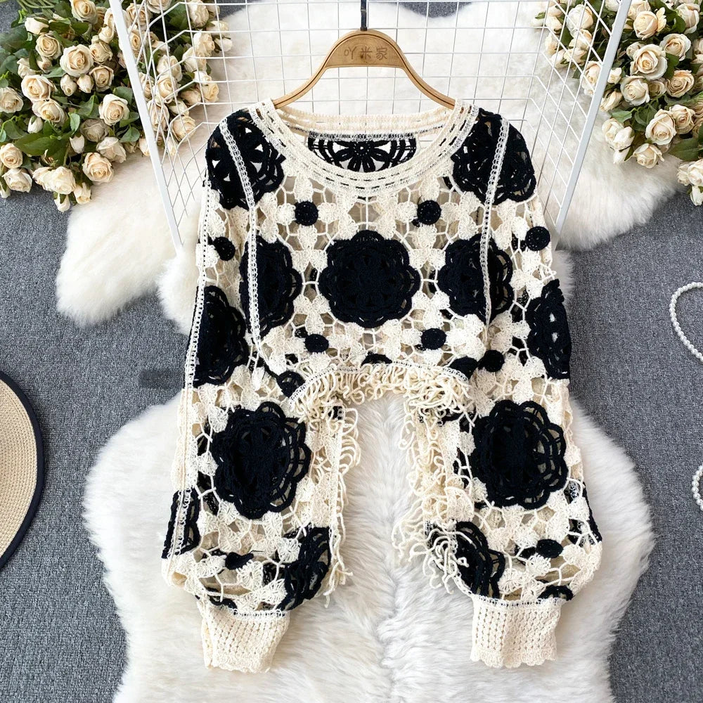 Granny Square Top Fringed Crochet Knitted Top Batwing Sleeve Pullover Sweater