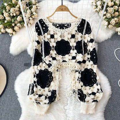 Granny Square Top Fringed Crochet Knitted Top Batwing Sleeve Pullover Sweater