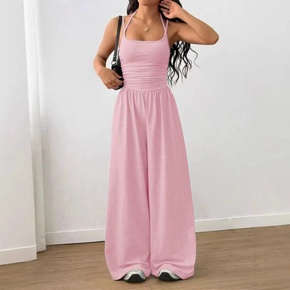 Halter Spaghetti Strap Casual Elastic High Waist Backless Wide Leg Jumpsuits
