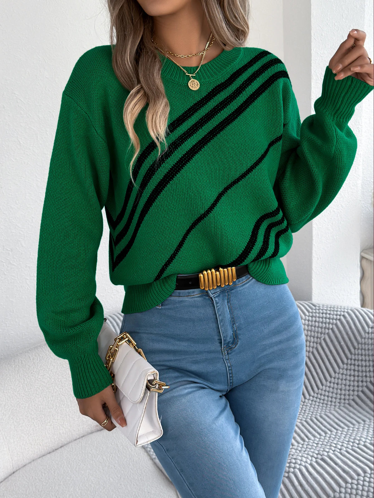 Twill Texture Color Block Round Neck Long Sleeve Cabin Core Knit Pullover