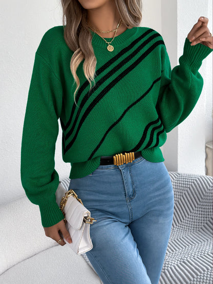Twill Texture Color Block Round Neck Long Sleeve Cabin Core Knit Pullover