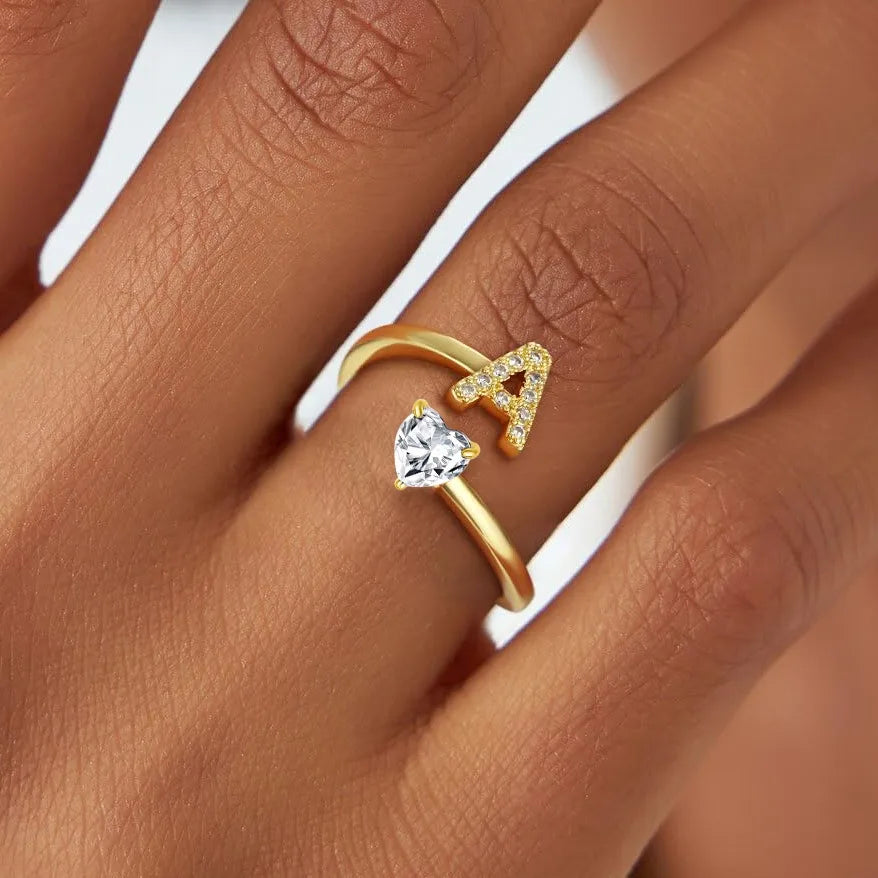 Gold Letter Open Heart Shape Cubic Zirconia  A-Z 26 Letter  Lnitials Rings