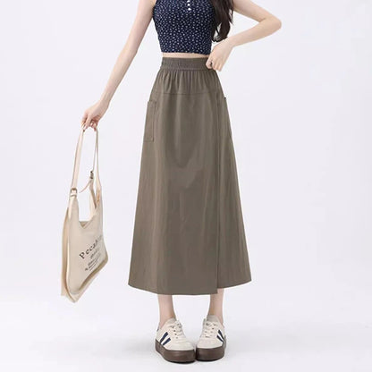 Loose Fit Thin Pants High Waist Slit Korean Midi Cargo skirt