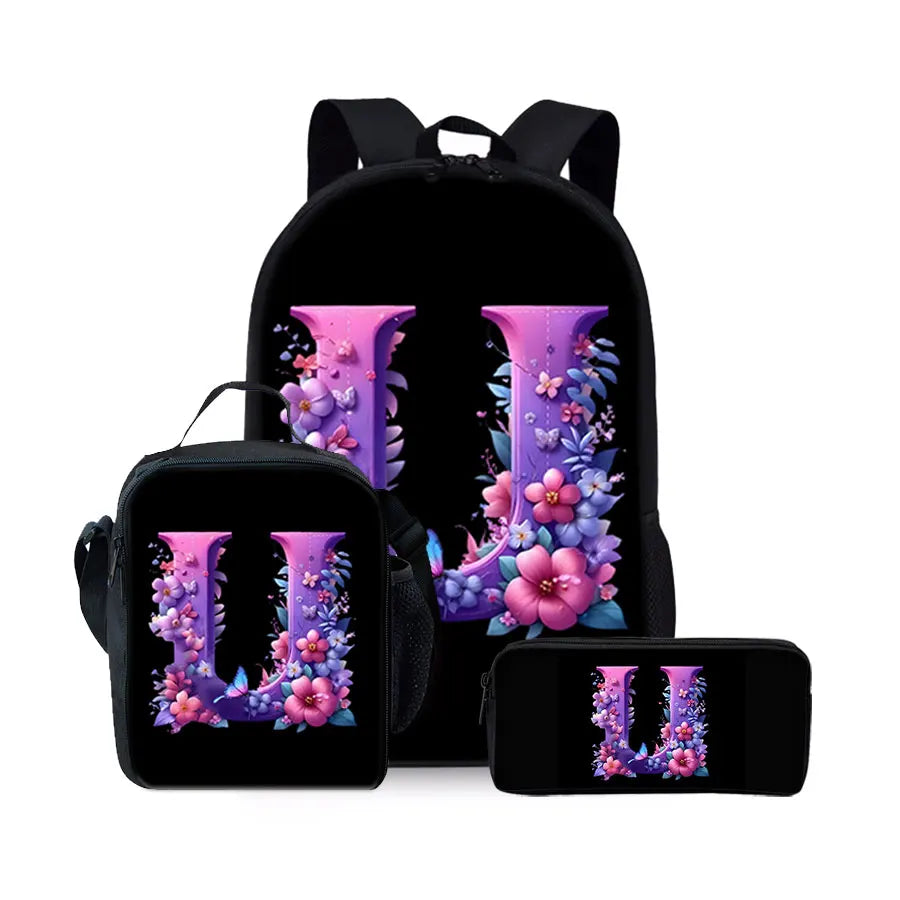 English Alphabet Pattern 2D Flat Cartoon School Backpack Three Piece Set