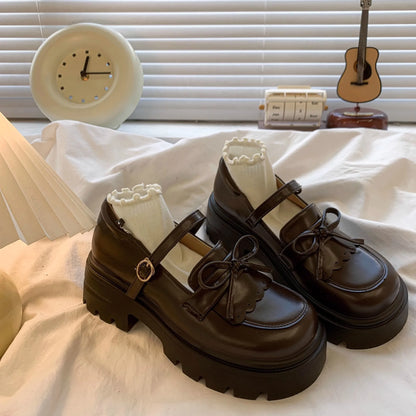 Black Leather Mary Janes Bow Thick Sole Casual Toddler Shoes
