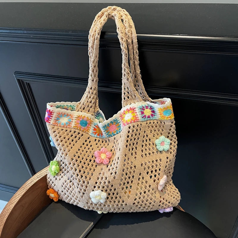 Flower Beach Tote Colorful Beads Floral Trim Natural Straw Crochet Shoulder Bag