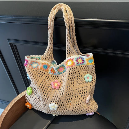 Flower Beach Tote Colorful Beads Floral Trim Natural Straw Crochet Shoulder Bag