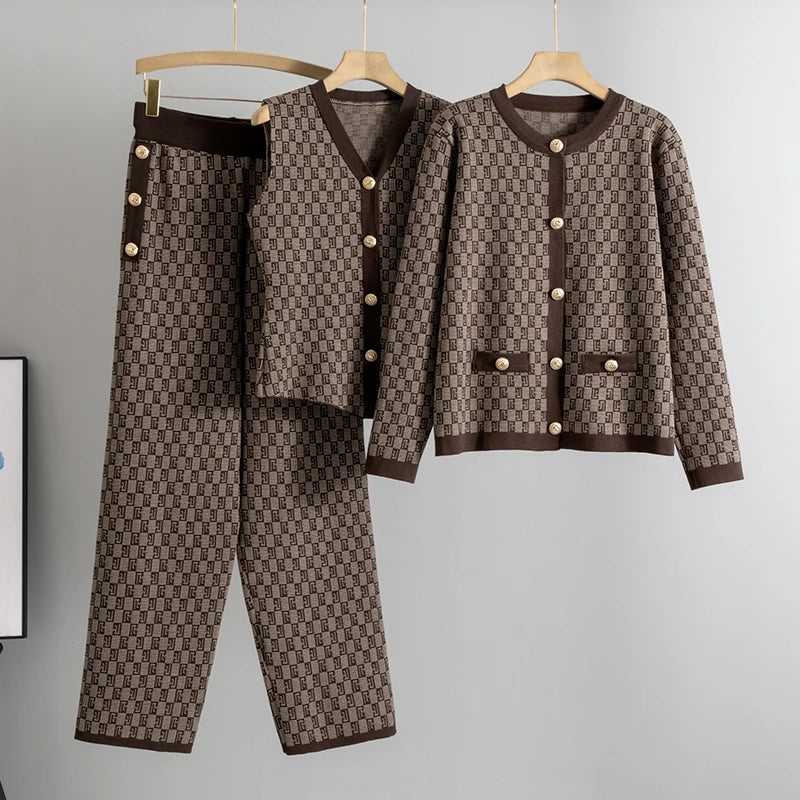 Elegant Long Sleeve Sweater Coat Single Breasted Knit Vest 3 Piece Sets