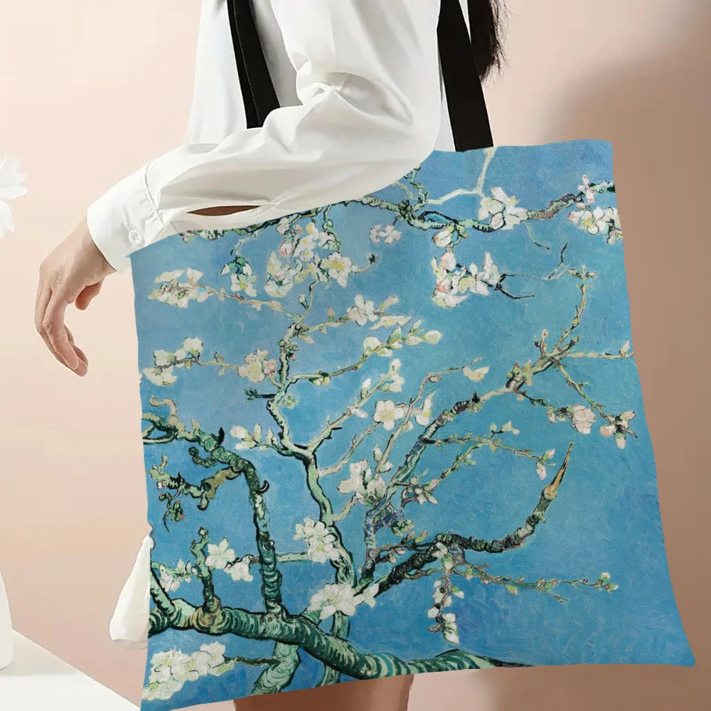 Linen Oil Painting Starry Night Flower Handbag
