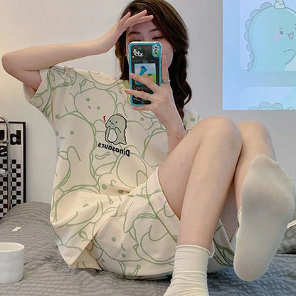 Loose Fit Cartoon Bear Short Sleeve Gradient Casual Pajamas Sets