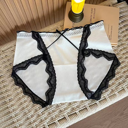 Lace Waist Boxer Panties Mixed Print Scalloped Edge Briefs Silky Fabric Underwear