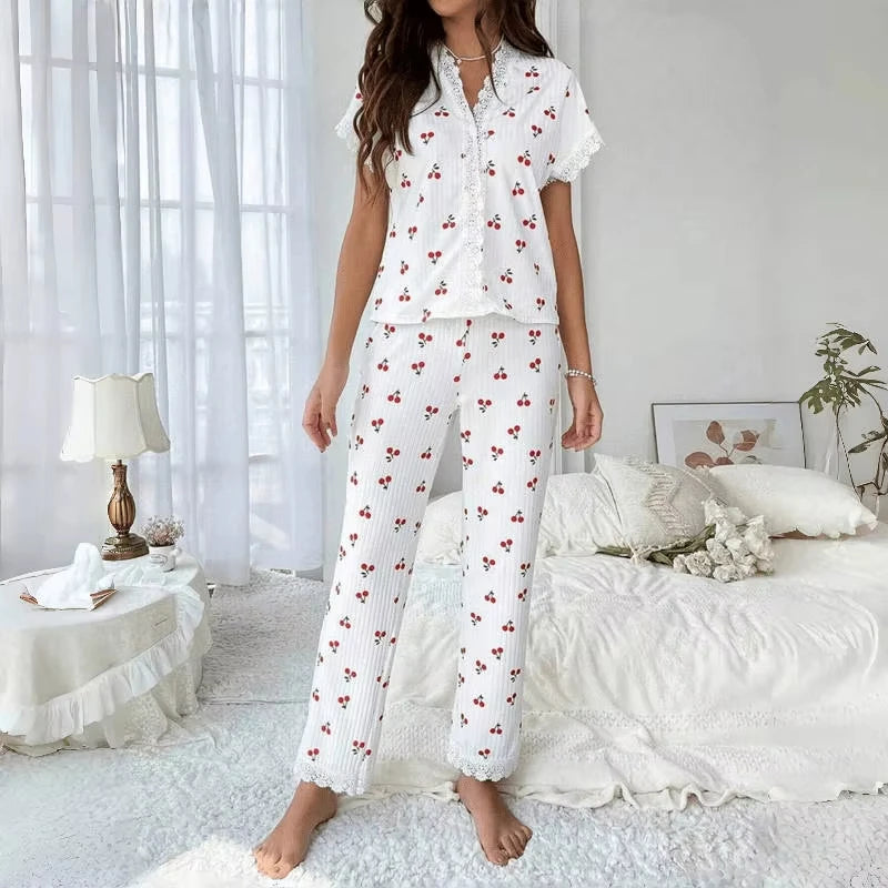 Lace Short Sleeve Cherry Sleepwear Pajama Set