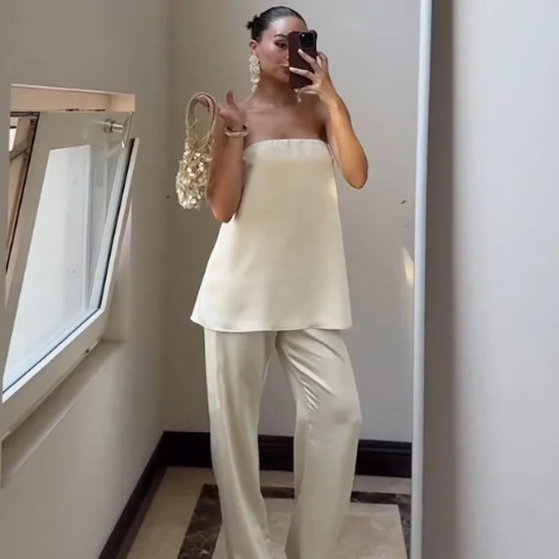 Satin Pant Strapless Off Shoulder High Waist Trousers Sets