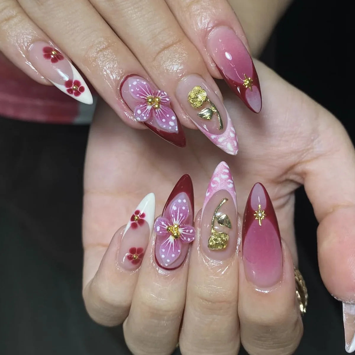 24Pcs Gilded 3D Flower Press on Nails Black French Leopard Print False Nails