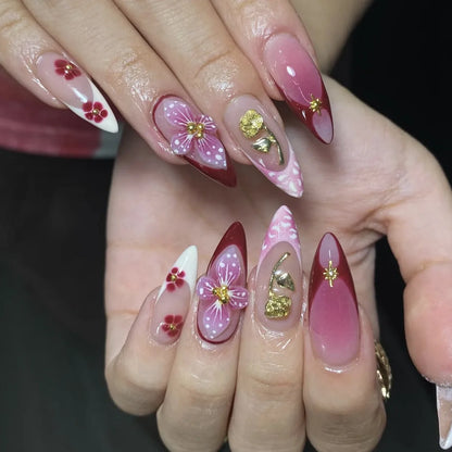 24Pcs Gilded 3D Flower Press on Nails Black French Leopard Print False Nails