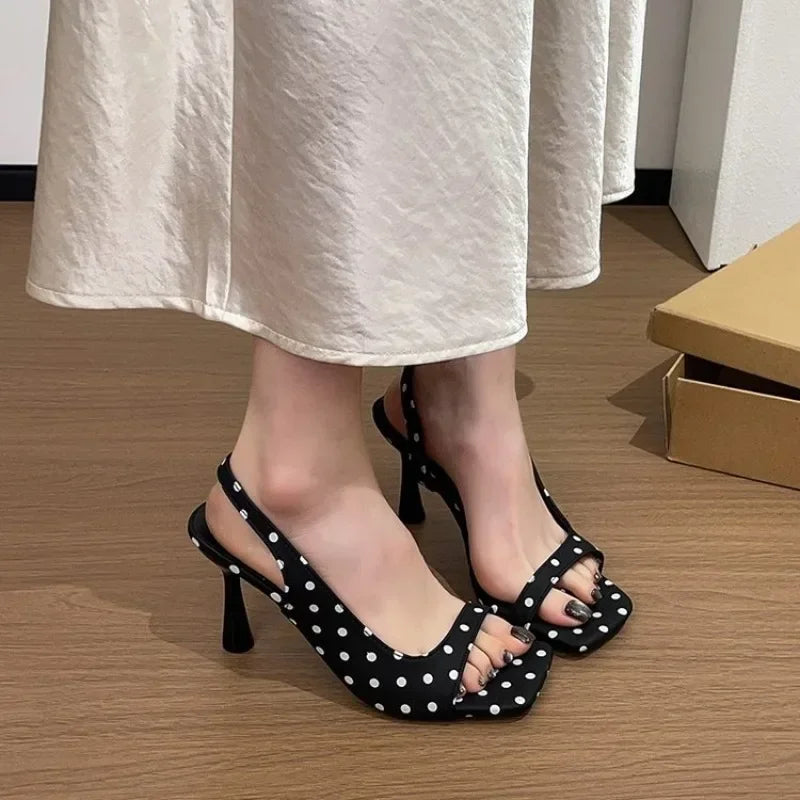 Polka Dot Sexy Square Toe High Heel Sandals
