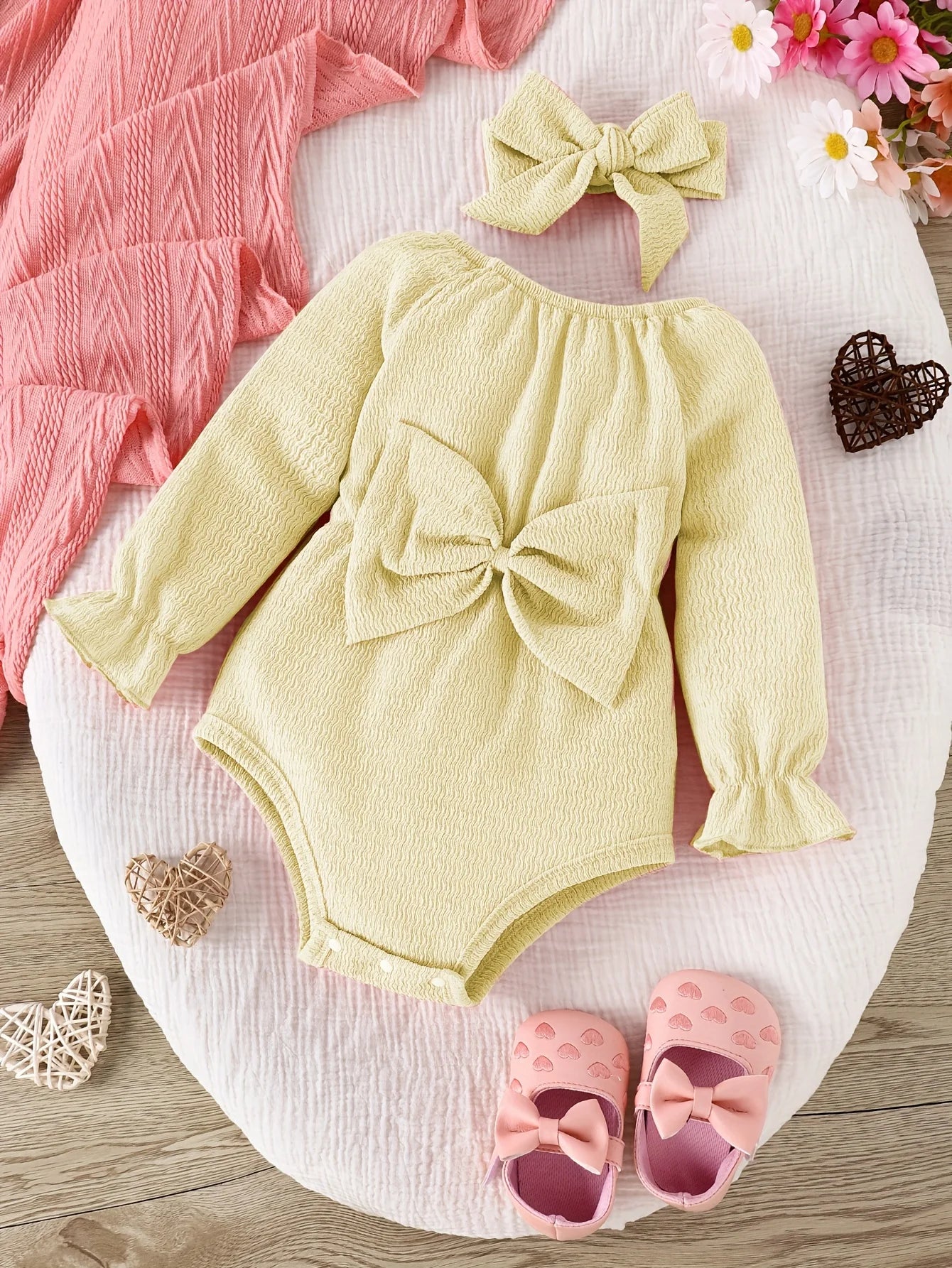 2pieces-Baby Bow Pink Long Sleeve Onesie Set