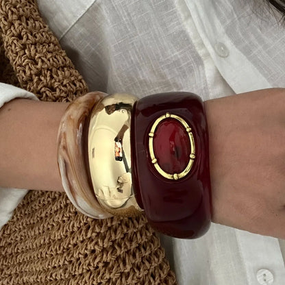 Vintage Irregular Resin Wide Bangle Inlaid Imitation Redstone Bracelets