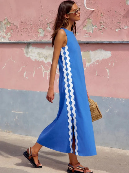 Summer Loose Casual O-neck Sleeveless Split Vintage Midi Dress
