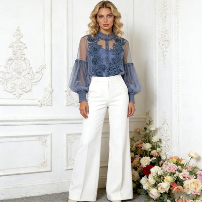 Vintage Lace Sweet Flower Perspective Mesh Lantern Sleeve Shirts