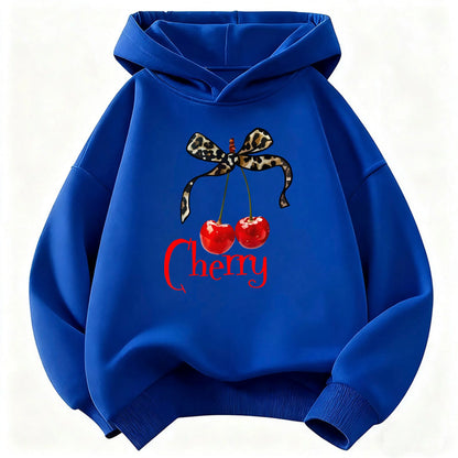 Leopard Bow with Cherry Print Hoodie Sweatshirt Y2k Hoody
