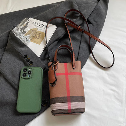 Luxury Mini Bucket Plaid PU Leather Crossbody Bag