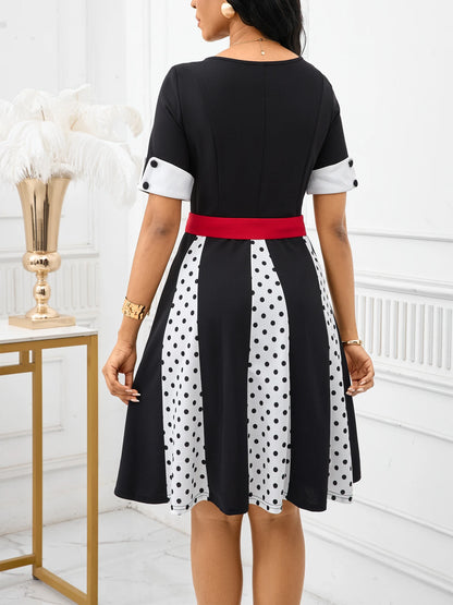 Short Sleeve Vintage 1950s Vintage Polka Dot Flare Skater Swing Dress