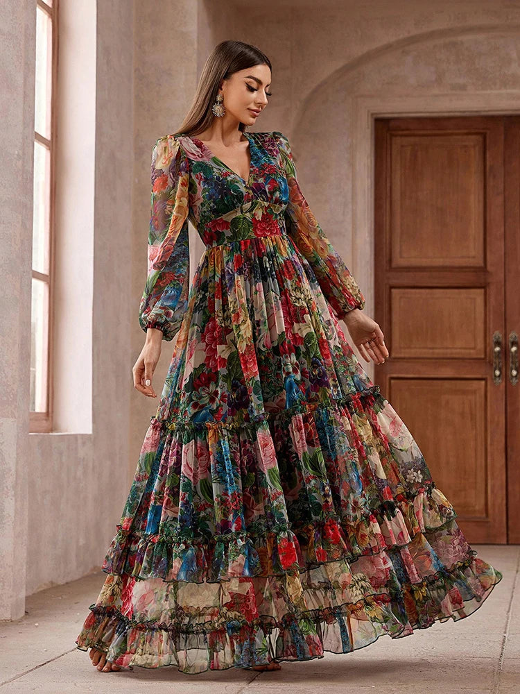 Casual Elegant Boho Floral Print Long Sleeve Frill Trim Maxi Dress