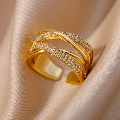 Chain Hollow Out Gold Stainless Steel Zircon Cross Ring