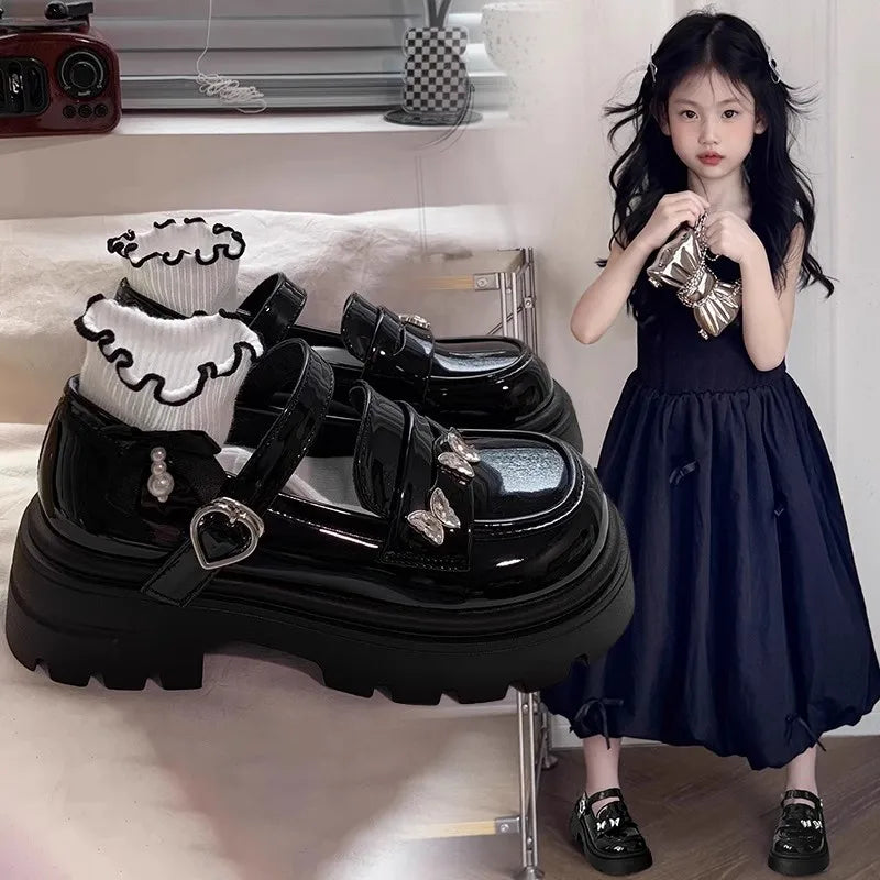 Leather Soft PU Bright Skin Flats with Metal Butterfly Princess Shoes