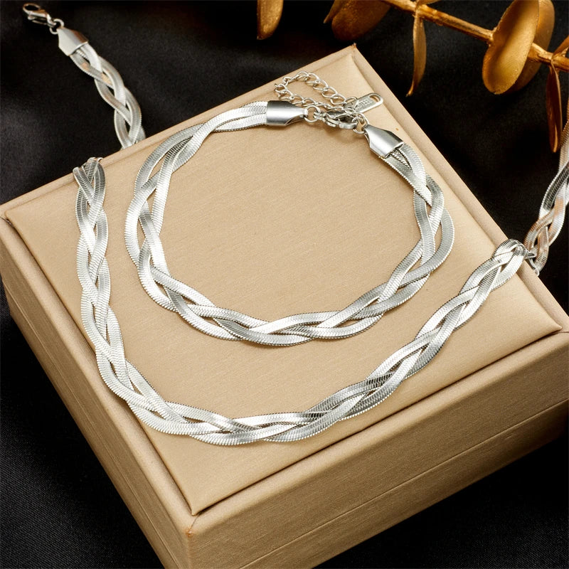 Crossover Snake Chain Necklace Bracelets Jewelry Set